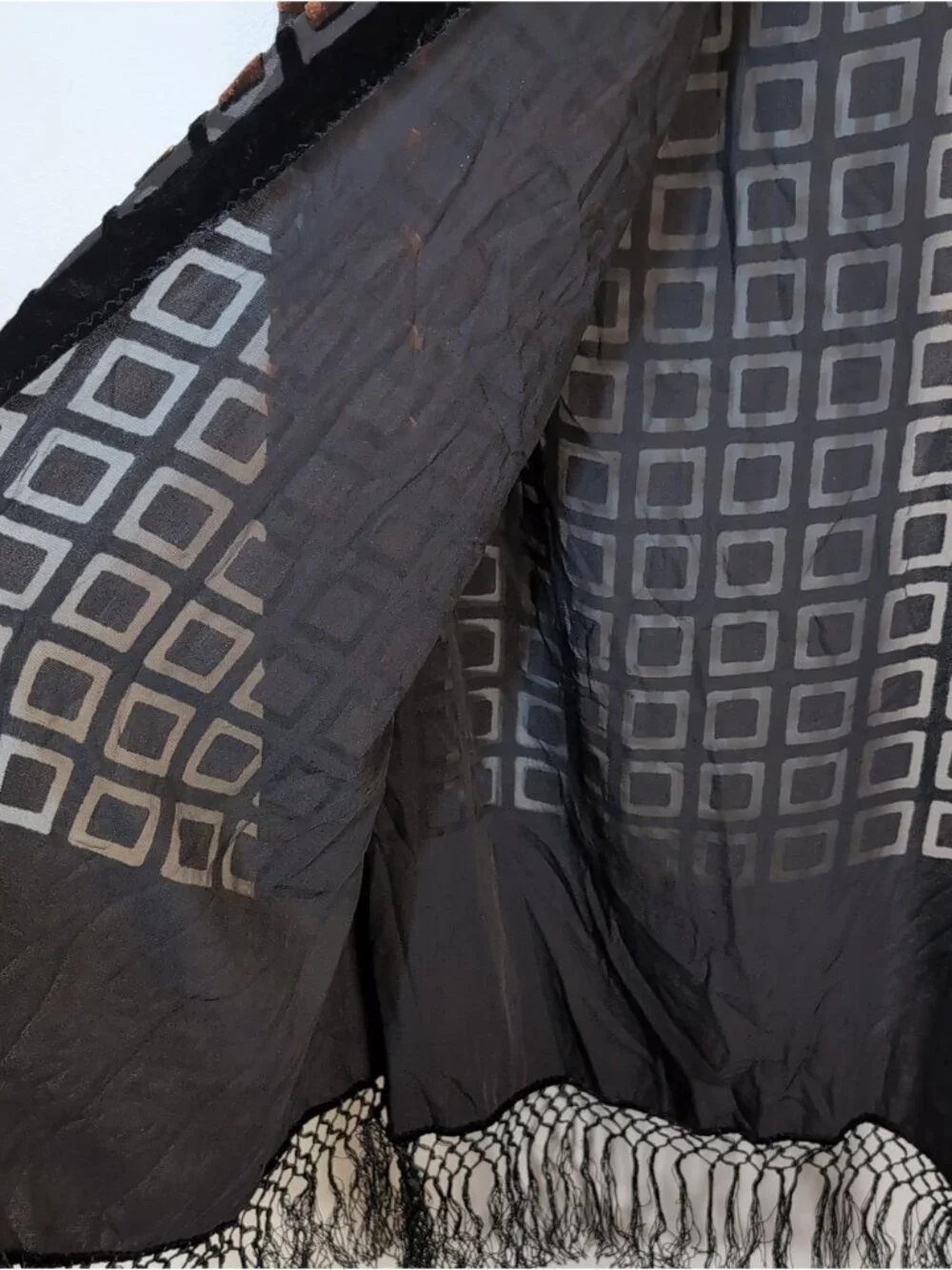 Vintage Y2K Silk Blend Burnout Velvet Scarf Fringe Geo Black Copper Luxe Wrap